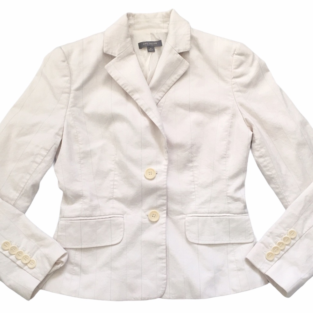 Ann Taylor Petites White Lurex Silver Pinstripe Button Front Blazer Jacket
